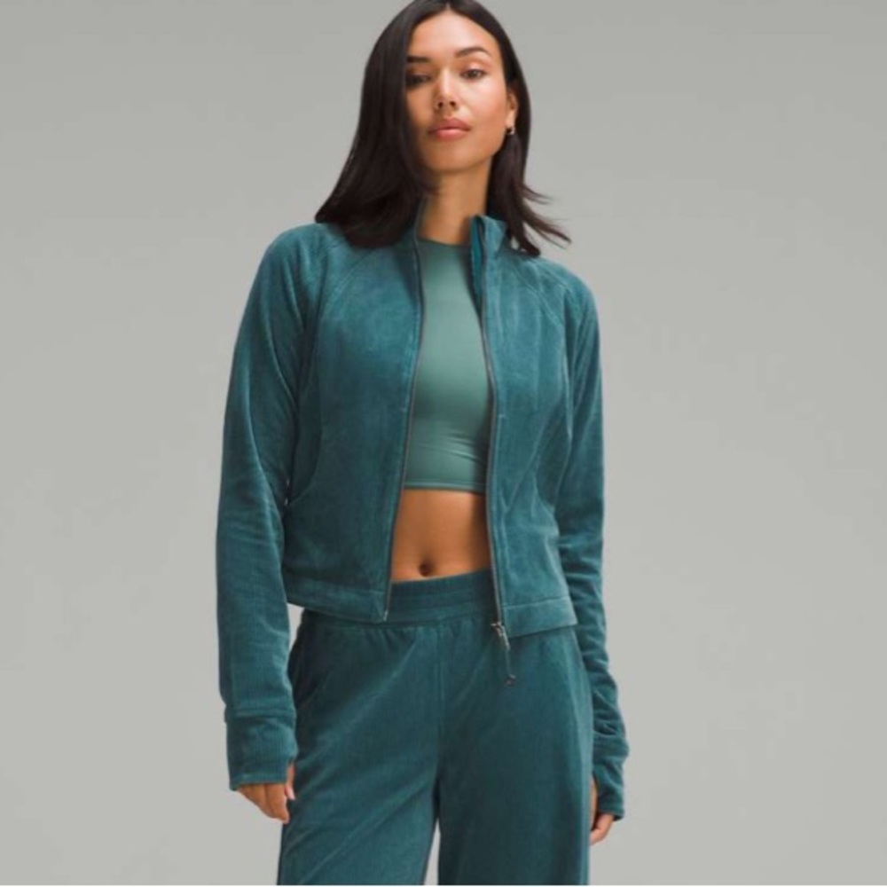 Lululemon Scuba Track Jacket in the Velvet Cord Material and Storm Teal